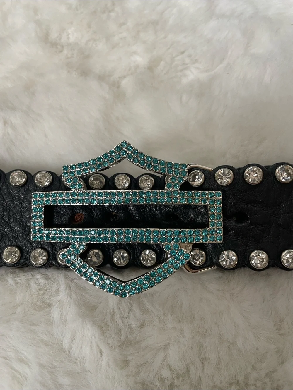 Harley-Davidson Black Leather Belt with Teal Crystal Buckle